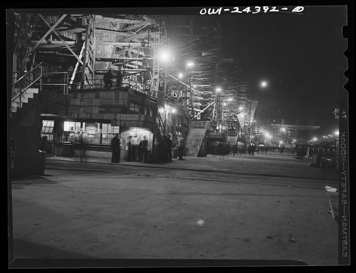 Untitled photo, possibly related to: Bethlehem-Fairfield shipyards, Baltimore, Maryland. A general view of the ways at night