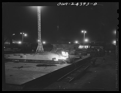 Untitled photo, possibly related to: Bethlehem-Fairfield shipyards, Baltimore, Maryland. A general view of the ways at night