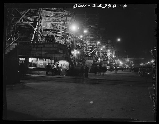 Bethlehem-Fairfield shipyards, Baltimore, Maryland. A general view of the ways at night