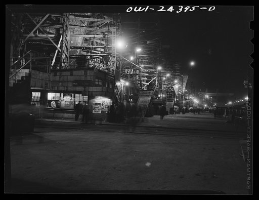 Untitled photo, possibly related to: Bethlehem-Fairfield shipyards, Baltimore, Maryland. A general view of the ways at night