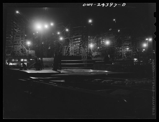 Untitled photo, possibly related to: Bethlehem-Fairfield shipyards, Baltimore, Maryland. A general view of the ways at night