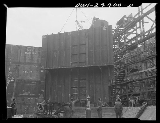 Bethlehem-Fairfield shipyards, Baltimore, Maryland. Erecting a transverse bulkhead