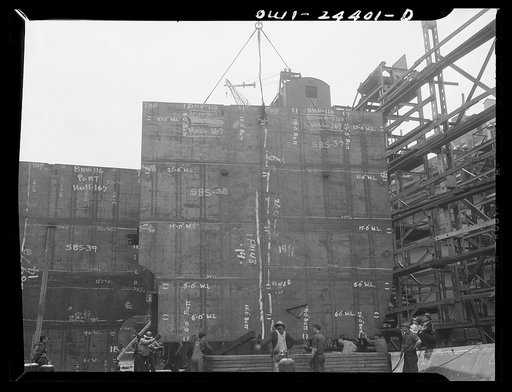 Bethlehem-Fairfield shipyards, Baltimore, Maryland. Erecting a transverse bulkhead