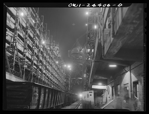 Bethlehem-Fairfield shipyards, Baltimore, Maryland. A view between the ways
