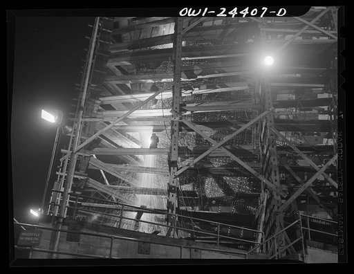 Bethlehem-Fairfield shipyards, Baltimore, Maryland. Welding on a forepeak of a ship