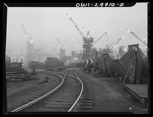 Bethlehem-Fairfield shipyards, Baltimore, Maryland. Stem assemblies in the right foreground, in front of the ways