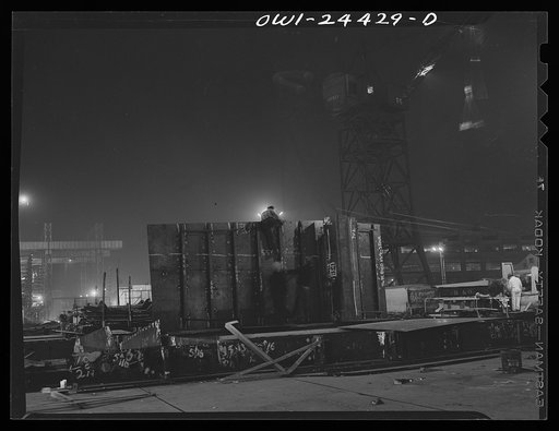 Bethlehem-Fairfield shipyards, Baltimore, Maryland. Sub assembly at night