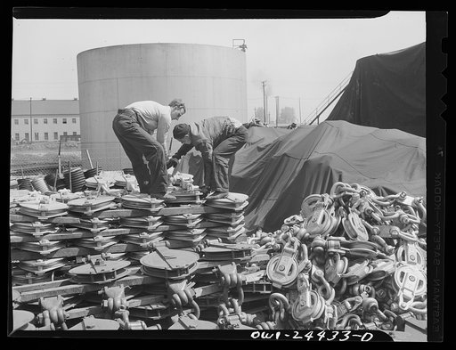 Bethlehem-Fairfield shipyards, Baltimore, Maryland. Blocks and sheaves in storage