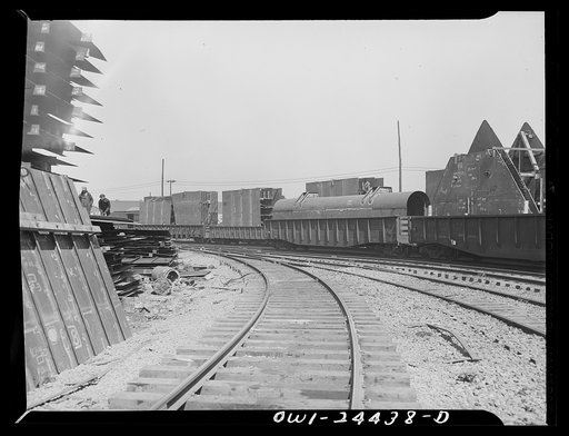 Bethlehem-Fairfield shipyards, Baltimore, Maryland. Bringing assembly sections to a stockyard