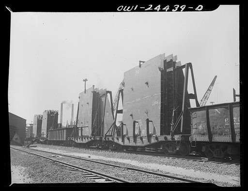 Bethlehem-Fairfield shipyards, Baltimore, Maryland. Bringing assembly sections to a stockyard