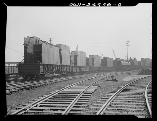 Bethlehem-Fairfield shipyards, Baltimore, Maryland. Bringing assembly sections to a stockyard