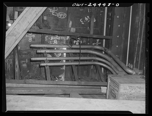 Bethlehem-Fairfield shipyards, Baltimore, Maryland. Welding frames to a shell