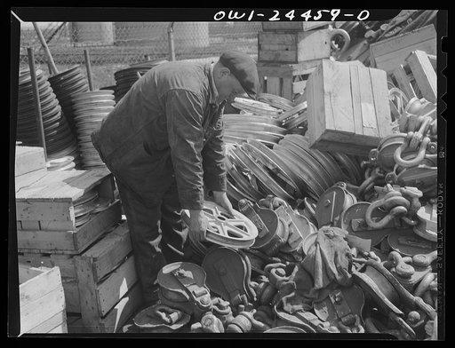 Bethlehem-Fairfield shipyards, Baltimore, Maryland. Sheaves in storage