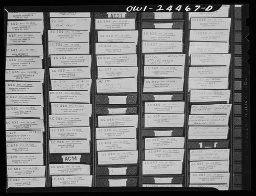 Bethlehem-Fairfield shipyards, Baltimore, Maryland. Salary timecard rack