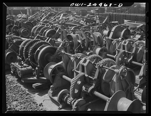 Bethlehem-Fairfield shipyards, Baltimore, Maryland. Anchor windlass in storage