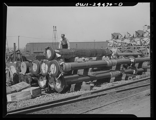 Bethlehem-Fairfield shipyards, Baltimore, Maryland. Shafting in storage
