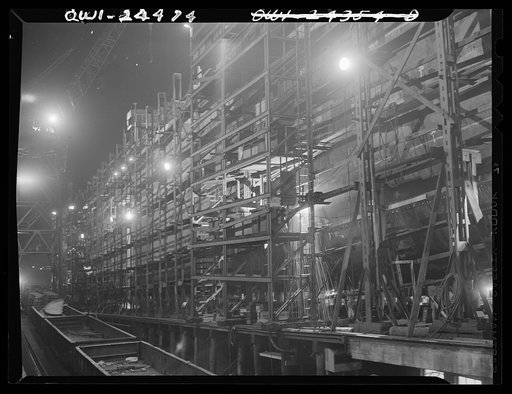 Bethlehem-Fairfield shipyards, Baltimore, Maryland. Staging in the shell of a ship
