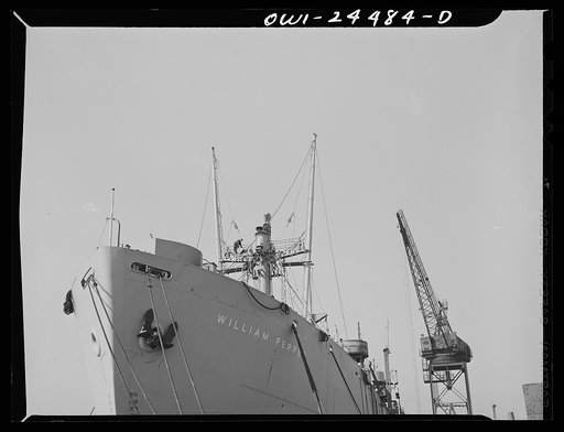 Bethlehem-Fairfield shipyards, Baltimore, Maryland. A view of the forward part of a ship at the outfitting pier