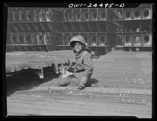 Bethlehem-Fairfield shipyards, Baltimore, Maryland. A woman welder working on the sub-assembly of shell frames