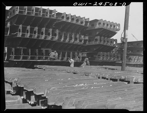 Bethlehem-Fairfield shipyards, Baltimore, Maryland. Tank tops in storage