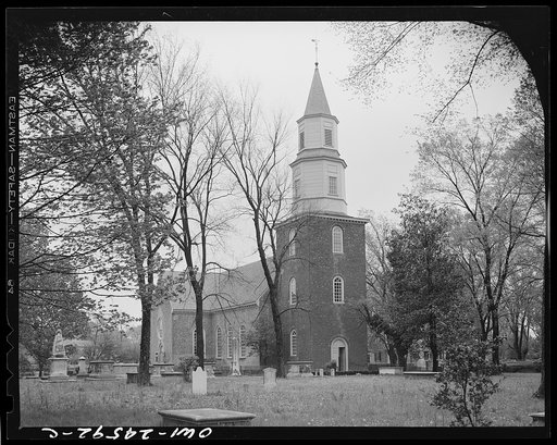 Williamsburg, Virginia. The capitol of the Virginia colony during the eighteenth century which was reconstructed and restored to its original state by John D. Rockefeller, Jr. during the 1930s. Bruton Parish Church, the court church of colonial Virginia