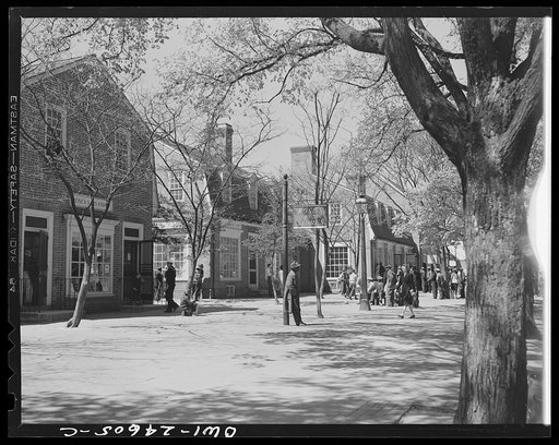 Williamsburg, Virginia. The capitol of the Virginia colony during the eighteenth century was was reconstructed and restored to its original state by John D. Rockefeller, Jr. during the 1930s. Northwestern Duke of Gloucester Street in the business district