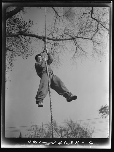Flushing High School, Queens, New York. A high school boy climbing a rope during a "commando" course