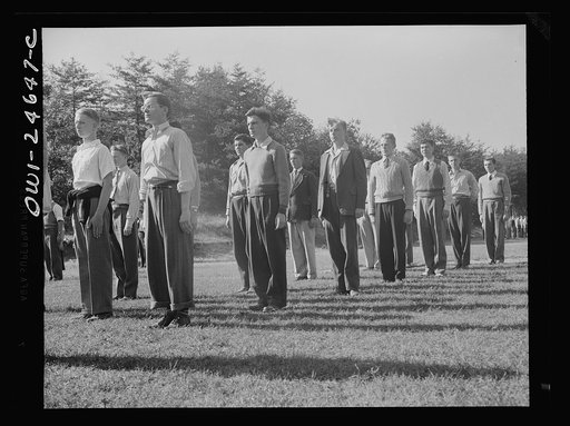 Benjamin Franklin High School, New York, New York. Boys of a gymnasium class in a drill line-up