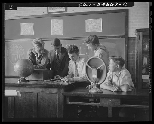 Benjamin Franklin High School, Queens, New York. Victory Corps boys getting pre-flight aeronautical training