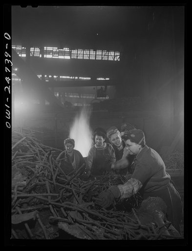 Buffalo, New York. Symington-Gould, makers of tank, ship, and railroad parts. Rod department. Metal rods are used to reinforce the sand in most molds. After the mold has been used, rods are shaken out of the sand and transported to the Rod department. Here women sort them, and will then straighten t