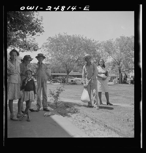 Untitled photo, possibly related to: San Augustine, Texas. Mexicans in courthouse square on Saturday afternoon