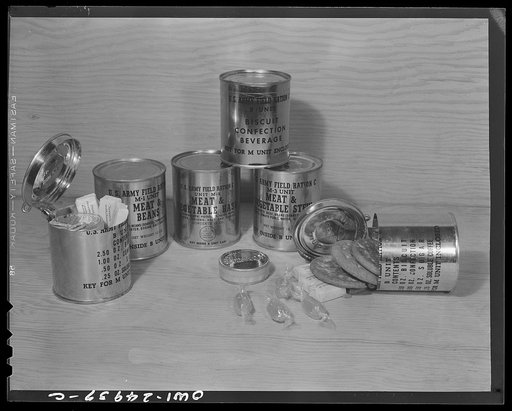 Chicago, Illinois. Subsistence research laboratory of the U.S. Army quartermaster depot. Field ration, consisting of previously prepared food, packed in moisture, heat cold and gas resistant containers. Every item in the ration is included for a scientific reason