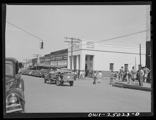 San Augustine, Texas. Troop movement going through the main street on a Saturday morning