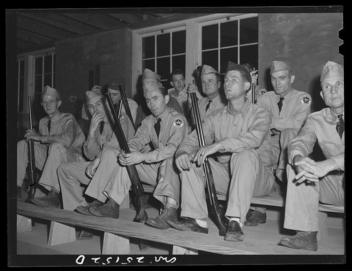 Untitled photo, possibly related to: San Augustine, Texas. The members of the Texas Defense Guard assembled in the high school auditorium