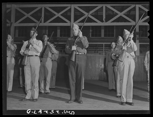 San Augustine, Texas. The Texas Defense Guard drilling in the high school auditorium