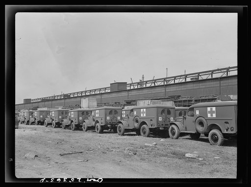 Holabird ordnance depot, Baltimore, Maryland. Lineup of ambulances ready to be shipped overseas