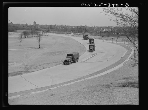 Holabird ordnance depot, Baltimore, Maryland. All United States Army drivers are warned to take it easy around curves. One of the best ways to shorten the life of tires is to take curves without materially slackening speed