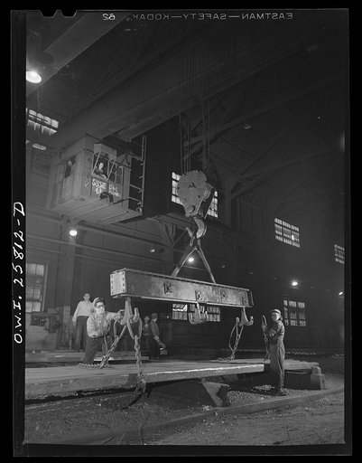 Buffalo, New York. Women have entirely replaced men as chainmen or "hookers" in the finishing department of Republic Steel. "Hookers" place slings and chains around material to be hoisted by cranes so that it can be moved to another section of the plant or loaded onto freight trains