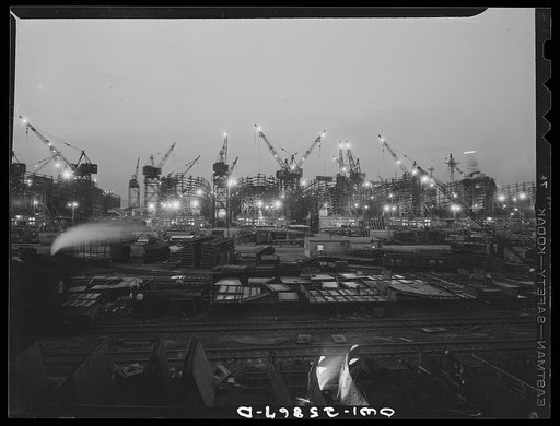 Bethlehem-Fairfield shipyards, Baltimore, Maryland. The shipways at night