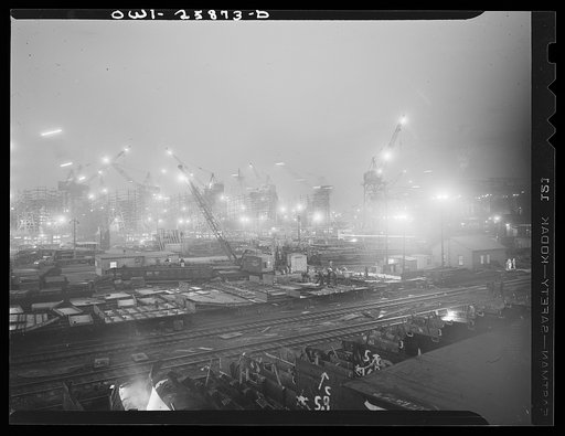 Bethlehem-Fairfield shipyards, Baltimore, Maryland. The shipways with fabricating tables in the foreground