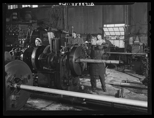 Bethlehem-Fairfield shipyards, Baltimore, Maryland. Close-up of machine for cutting and threading pipe