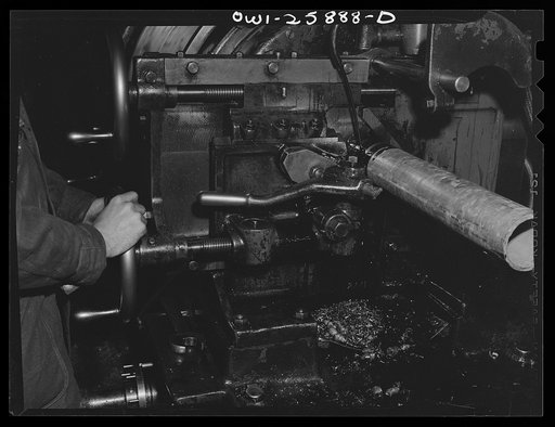 Bethlehem-Fairfield shipyards, Baltimore, Maryland. Close-up of machine for cutting