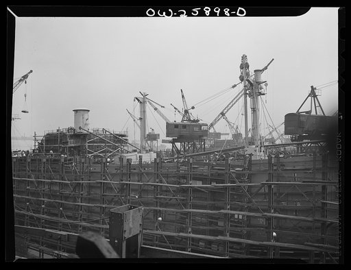 Bethlehem-Fairfield shipyards, Baltimore, Maryland. General view of a nearly completed ship under construction
