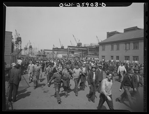 Bethlehem-Fairfield shipyards, Baltimore, Maryland. Workmen at the end of their shift