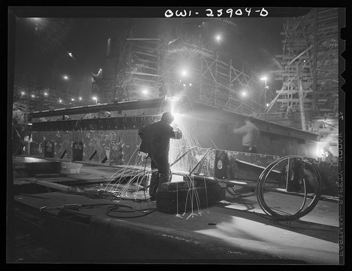 Bethlehem-Fairfield shipyards, Baltimore, Maryland. Welder at work