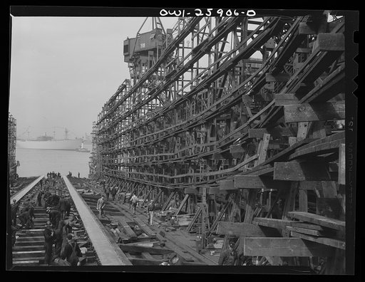 Bethlehem-Fairfield shipyards, Baltimore, Maryland. Side of shipways after launching