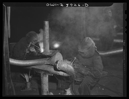 Bethlehem-Fairfield shipyards, Baltimore, Maryland. Welding in the pipe shop