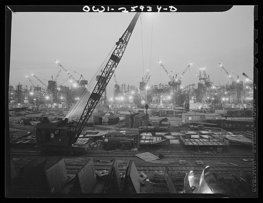 Bethlehem-Fairfield shipyards, Baltimore, Maryland. The shipways at evening