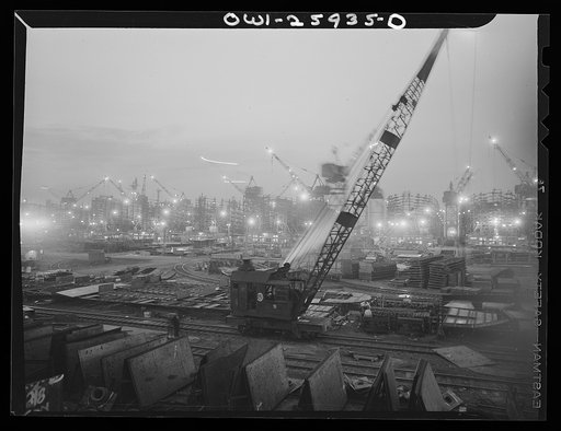 Bethlehem-Fairfield shipyards, Baltimore, Maryland. The shipways at evening