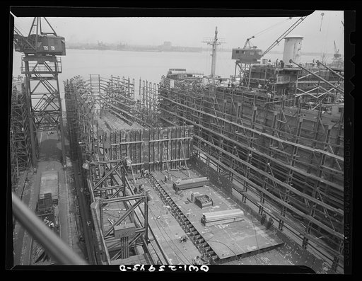 Bethlehem-Fairfield shipyards, Baltimore, Maryland. Erecting a bulkhead section